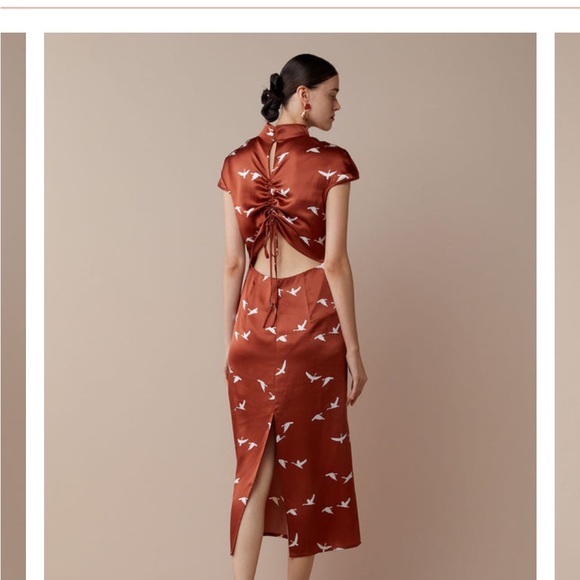 Elegant Silkinc Rust Brown Cheongsam Midi Dress with Bird Pattern 165 S - Picture 2 of 10